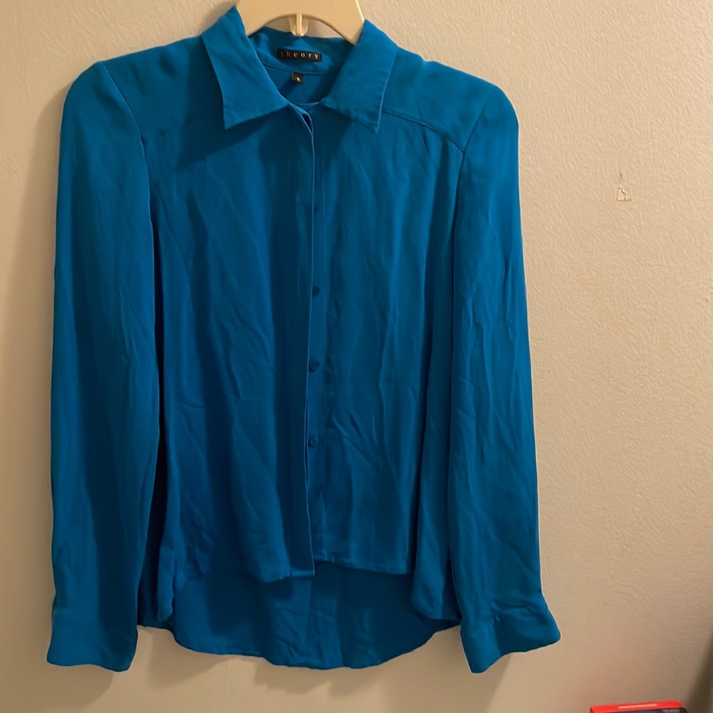 Theory small petite blue silk button blouse